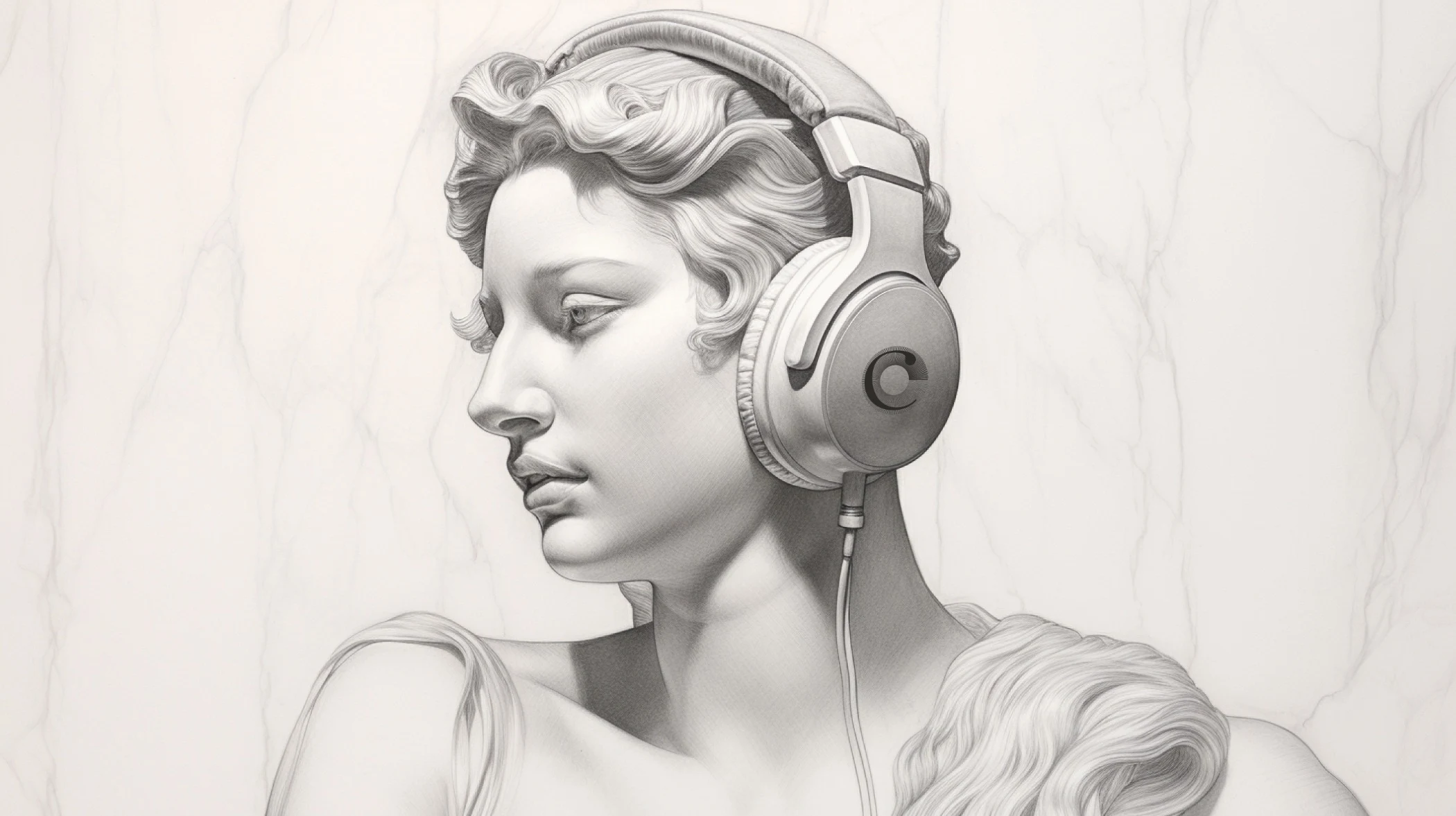 A marble statue of a woman wearing over-ear headphones